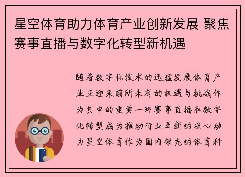 星空体育助力体育产业创新发展 聚焦赛事直播与数字化转型新机遇